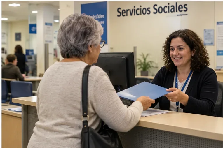 Mujer mayor entregando una carpeta a una trabajadora en un mostrador de servicios sociales