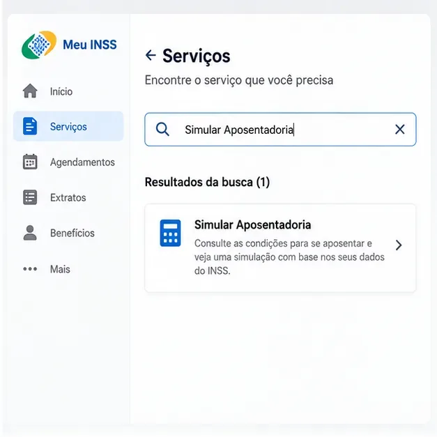 Tela ilustrativa de busca do Meu INSS com o termo Simular Aposentadoria e o serviço correspondente exibido nos resultados