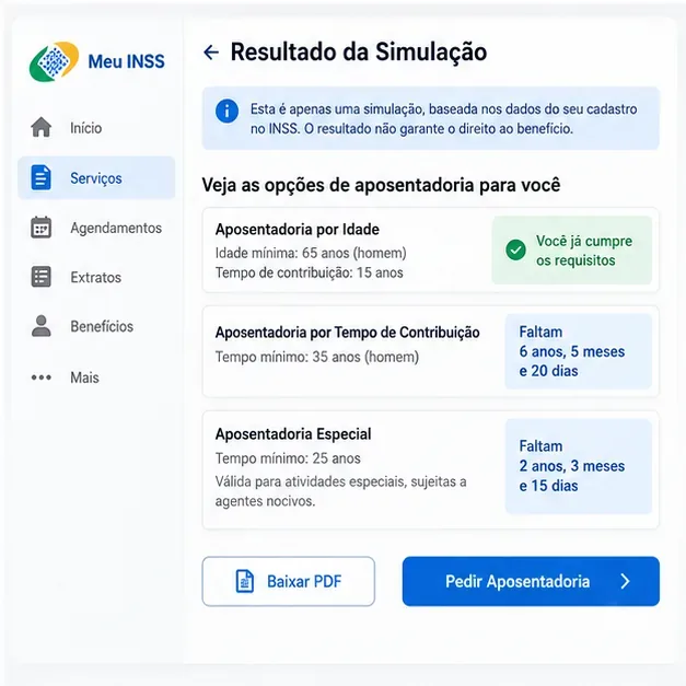 Tela ilustrativa do resultado da simulação do Meu INSS com opções de aposentadoria, indicação de requisitos e botões Baixar PDF e Pedir Aposentadoria