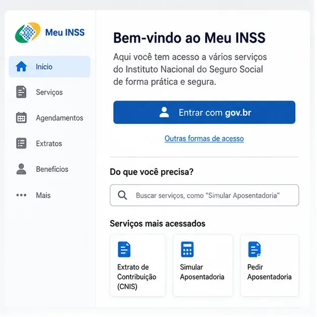 Tela ilustrativa do Meu INSS com botão para entrar com gov.br e campo de busca de serviços, incluindo o atalho Simular Aposentadoria