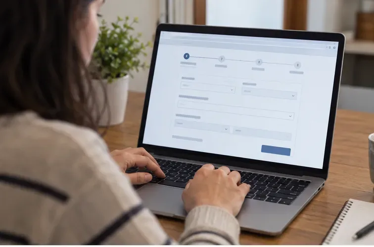 Persona completando un formulario administrativo online desde un ordenador portátil
