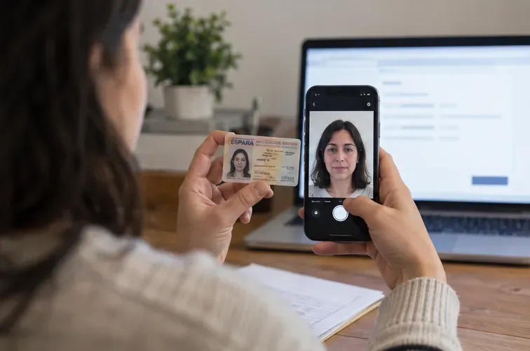Persona realizando una fotografía de identificación con un teléfono móvil y un documento de identidad