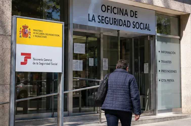 Persona entrando en una oficina de la Seguridad Social para realizar un trámite presencial