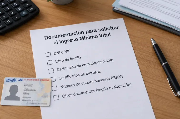 Mesa con una lista visual de documentación relacionada con una solicitud del Ingreso Mínimo Vital