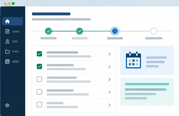 Pantalla esquemática con una lista de comprobación, varios pasos marcados y un calendario para revisar la fecha prevista