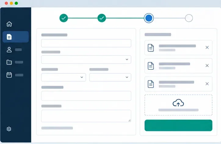 Formulario web esquemático con campos vacíos, una columna de documentos adjuntos y una zona de revisión