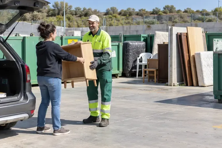 Una residente entrega un mueble a un trabajador en un punto limpio con contenedores separados