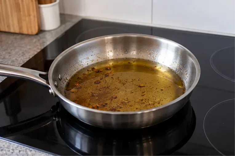 Sartén con aceite de cocina usado ya frío, con pequeños restos de fritura visibles