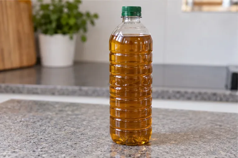 Botella transparente llena de aceite de cocina usado y cerrada con un tapón verde