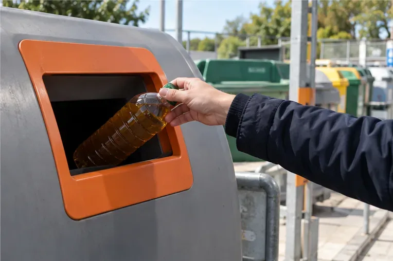 Mano introduciendo una botella cerrada con aceite usado en la abertura de un contenedor de recogida
