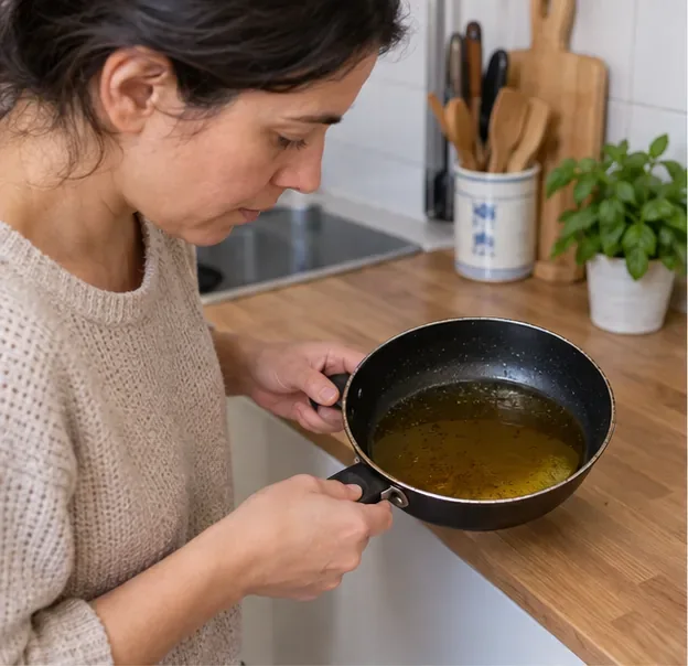 Una persona comprueba una sartén con aceite usado ya frío antes de recogerlo