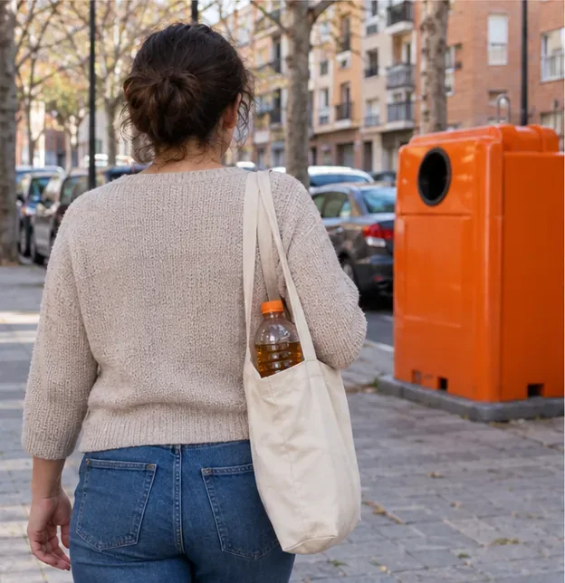 Una vecina lleva una botella con aceite usado hacia un contenedor municipal naranja