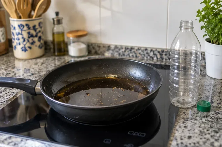 Sartén con aceite de cocina usado ya reposado junto a una botella de plástico vacía en una encimera