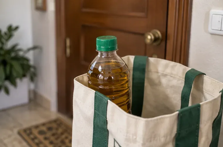 Botella de plástico cerrada con aceite de cocina usado colocada dentro de una bolsa reutilizable