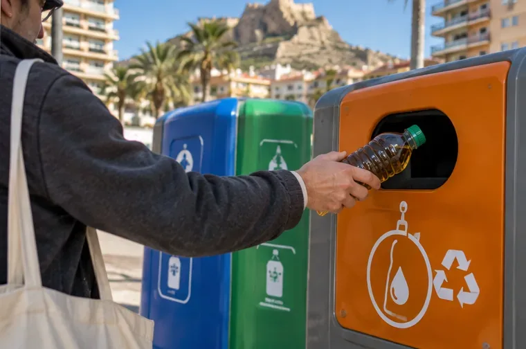 Persona introduciendo una botella cerrada con aceite usado en un contenedor específico de recogida de aceite