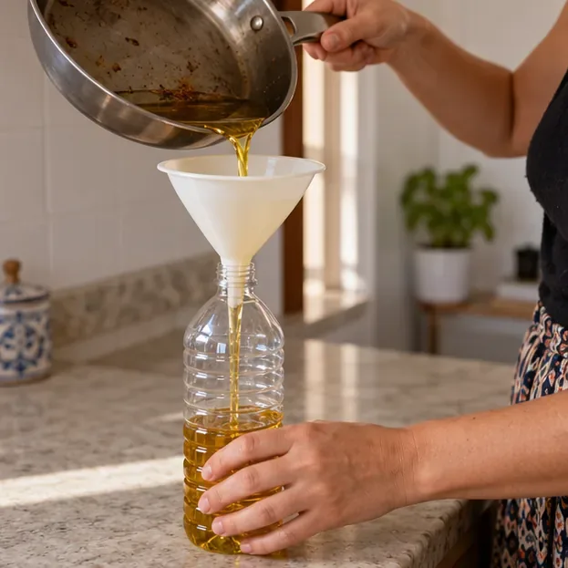 Unas manos vierten aceite de cocina ya frío desde una sartén a través de un embudo en una botella de plástico.