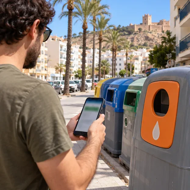 Un vecino consulta el móvil junto a varios contenedores de reciclaje en una calle soleada de Almería.
