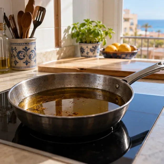 Una sartén con aceite de fritura ya apartado sobre una placa apagada en una cocina luminosa.