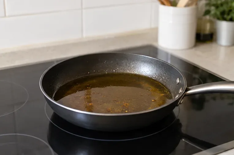 Sartén con aceite de cocina usado apartada del fuego para dejarlo enfriar.