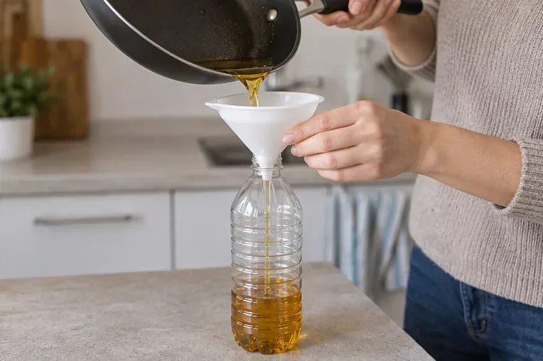 Una persona vierte aceite ya frío desde una sartén a una botella de plástico reutilizada mediante un embudo.