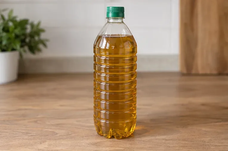 Botella de plástico reutilizada, cerrada y con aceite de cocina usado en su interior, preparada para llevar al punto de recogida.