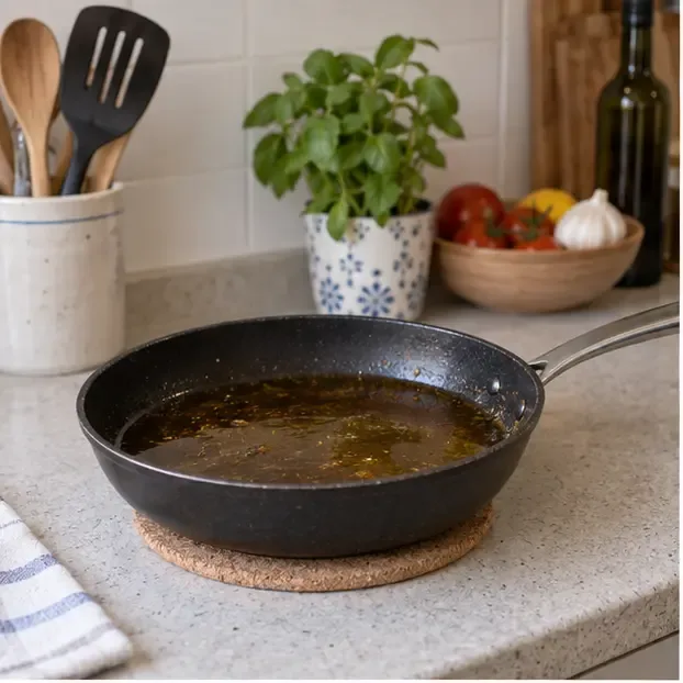 Sartén con aceite de cocina usado enfriándose sobre una encimera, lejos del fuego