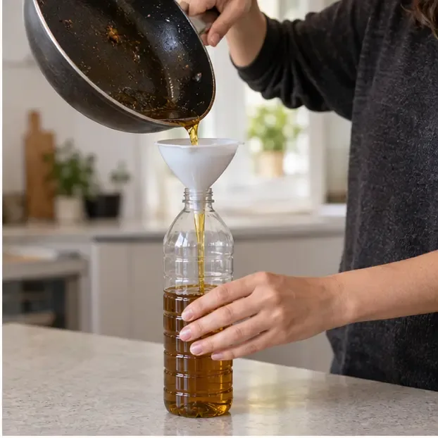 Persona vertiendo aceite de cocina usado y frío mediante un embudo en una botella de plástico