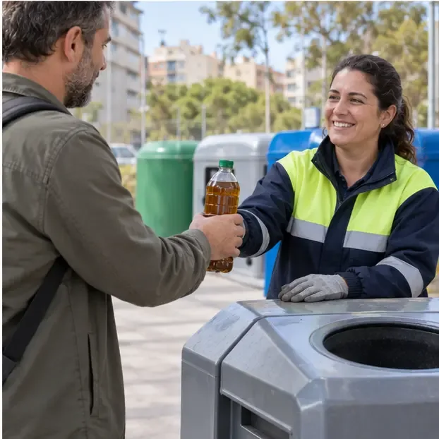 Persona entregando una botella cerrada de aceite usado a una trabajadora junto a contenedores de recogida