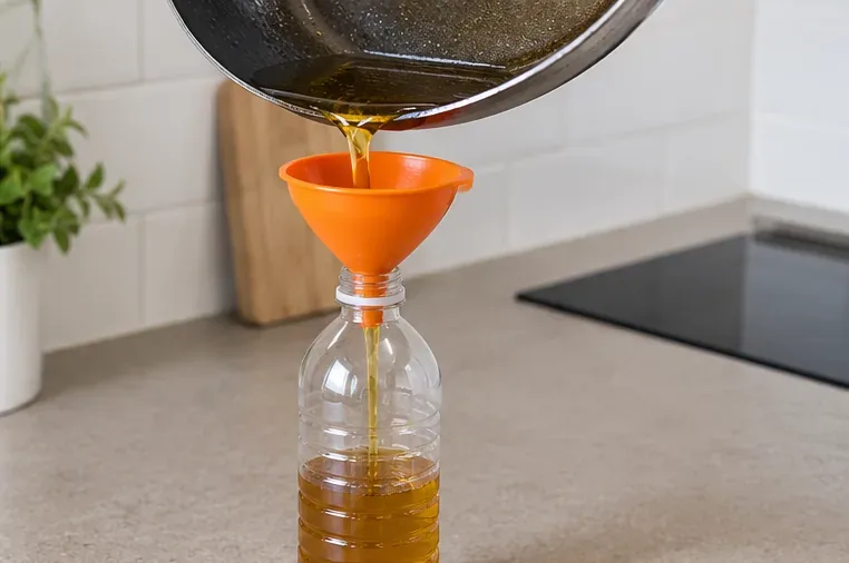 Aceite de cocina usado vertiéndose con un embudo naranja en una botella de plástico