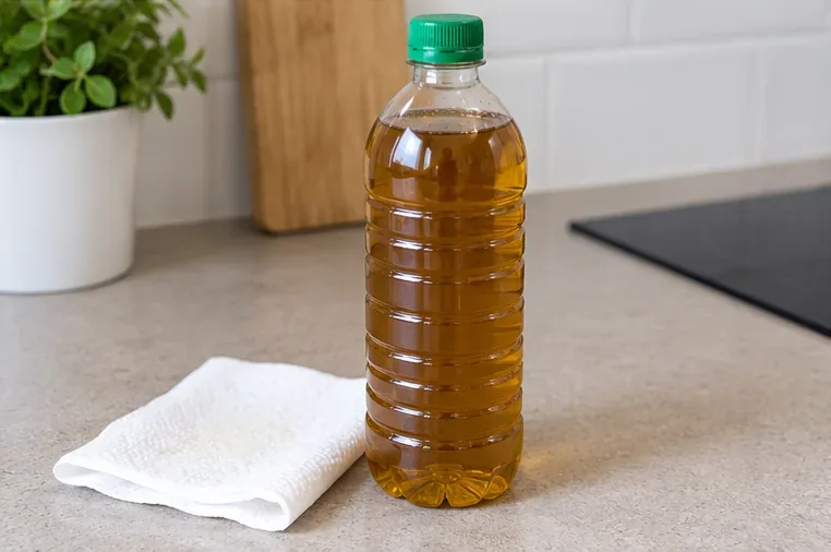 Botella de plástico llena de aceite de cocina usado y cerrada con un tapón verde