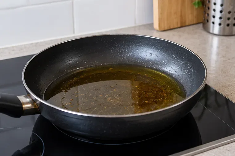 Sartén con aceite de cocina usado enfriándose sobre una placa en una cocina doméstica