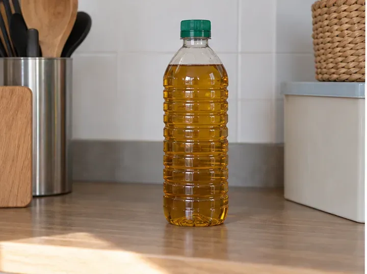 Botella cerrada con aceite usado, guardada en posición vertical en una zona de cocina