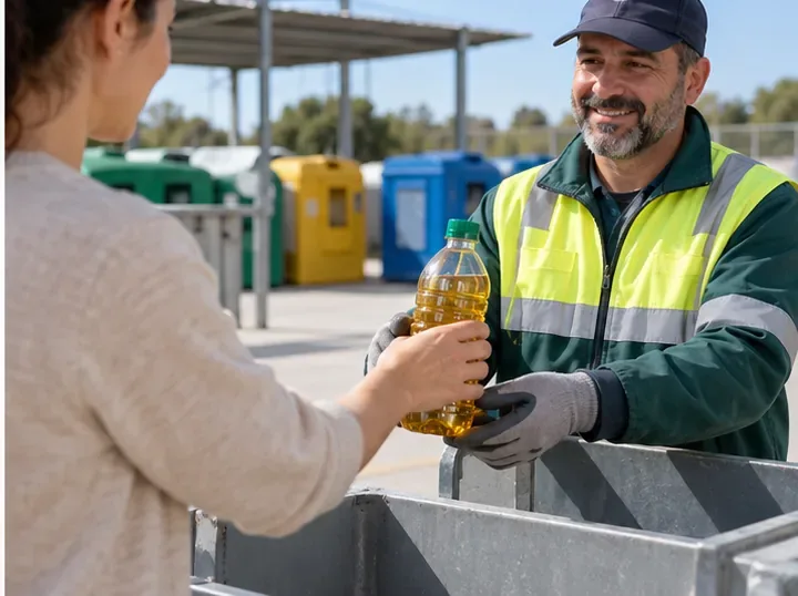 Una persona entrega una botella cerrada de aceite usado a un trabajador en un punto limpio