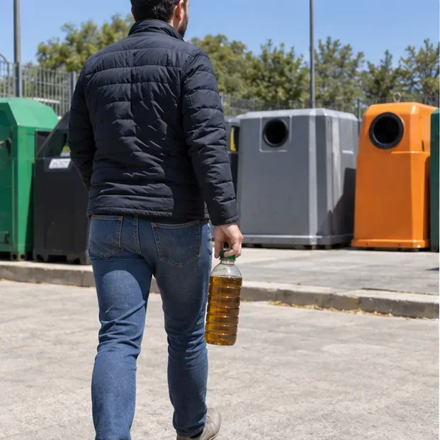Persona caminando hacia una zona de contenedores de reciclaje con una botella cerrada de aceite usado