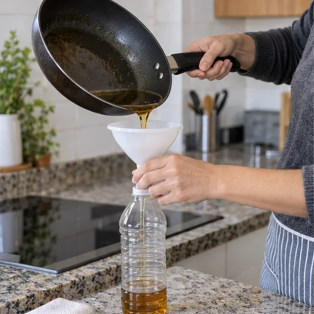 Aceite de cocina ya frío vertiéndose con un embudo desde una sartén a una botella de plástico
