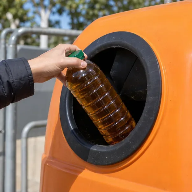 Mano introduciendo una botella cerrada con aceite usado en la abertura de un contenedor específico