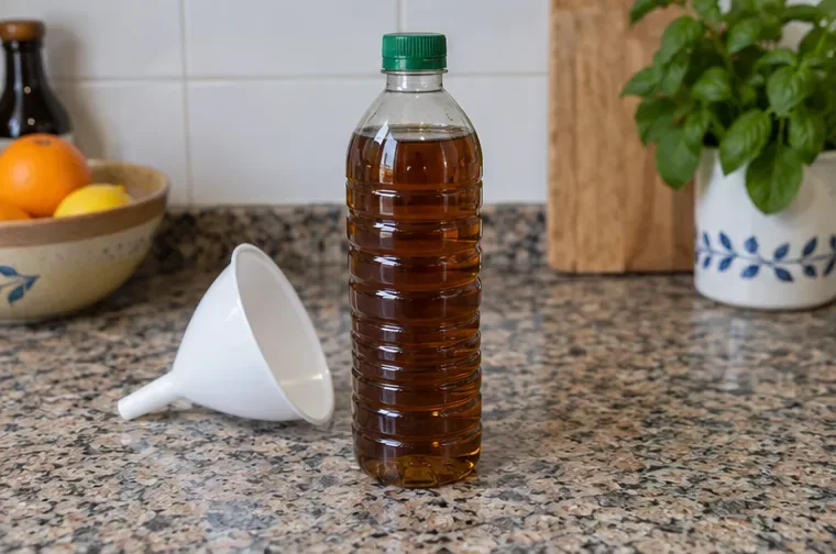 Botella de plástico con aceite usado y tapón cerrado junto a un embudo sobre la encimera