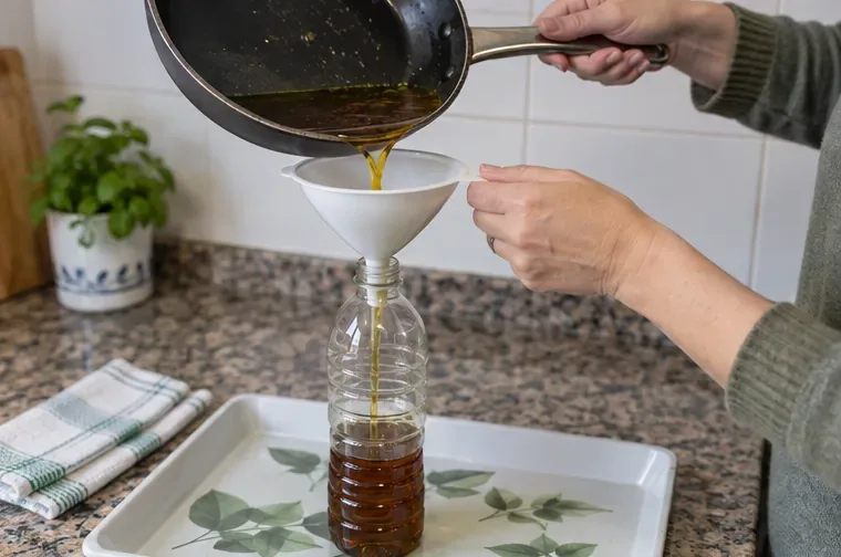 Aceite de cocina usado vertiéndose con cuidado por un embudo en una botella de plástico