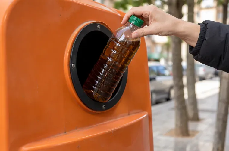 Una persona introduce una botella cerrada de aceite de cocina usado en un contenedor naranja