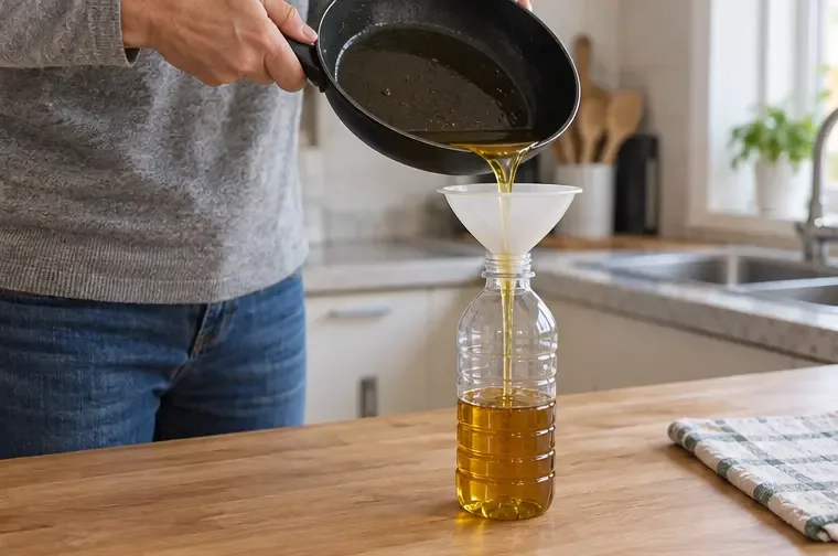 Aceite de cocina ya frío que se vierte con un embudo en una botella de plástico limpia