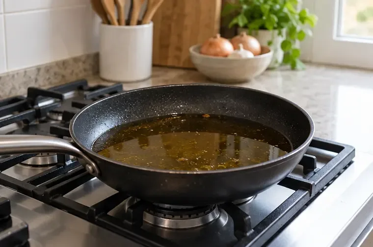 Sartén con aceite usado que se deja enfriar sobre la cocina antes de recogerlo
