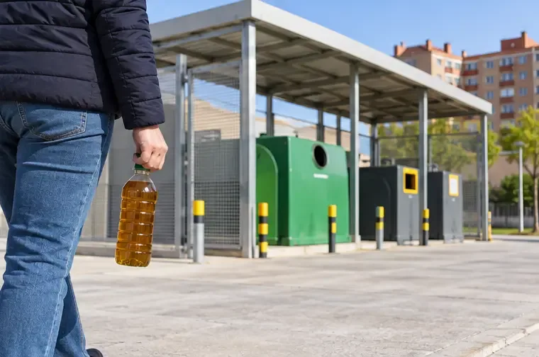 Una persona lleva una botella cerrada hacia una instalación municipal de recogida selectiva
