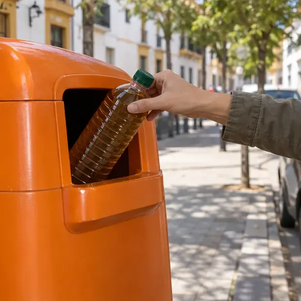 Persona depositando una botella de aceite de cocina usado cerrada en un contenedor naranja específico de recogida