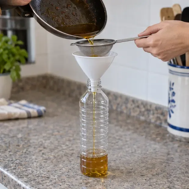 Manos filtrando aceite de cocina usado con un colador fino y un embudo hacia una botella de plástico