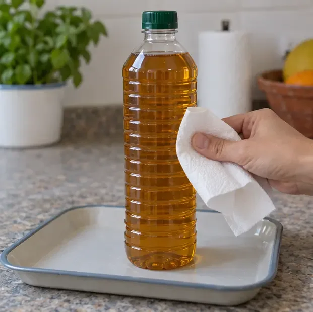 Botella de plástico cerrada con aceite usado sobre una bandeja mientras una mano limpia una gota del exterior