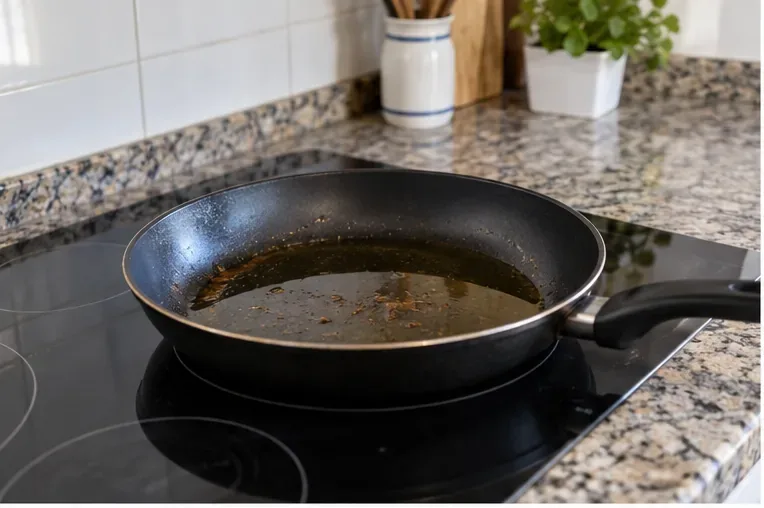 Sartén con aceite de cocina usado enfriándose sobre una placa apagada en una cocina doméstica