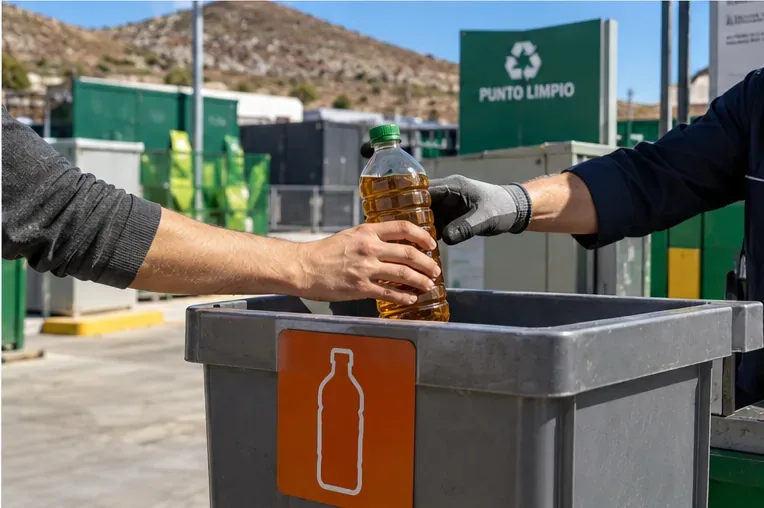 Entrega de una botella cerrada de aceite de cocina usado a un operario en un punto limpio