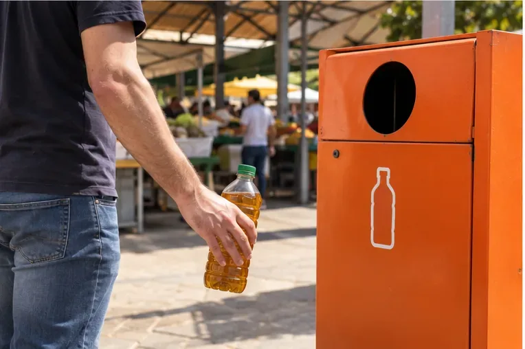 Persona con una botella cerrada de aceite de cocina usado acercándose a un contenedor naranja de recogida en un mercado