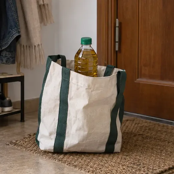 Una botella cerrada con aceite de cocina usado permanece de pie dentro de una bolsa reutilizable junto a la puerta