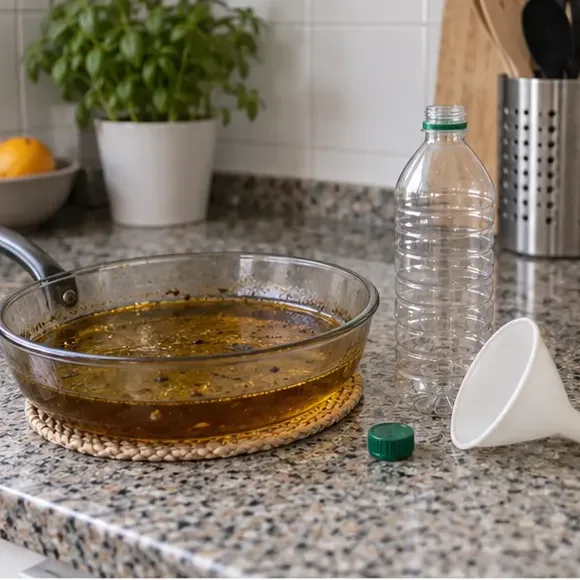 Una sartén o fuente con aceite de cocina usado ya frío, una botella de plástico vacía y un embudo sobre la encimera
